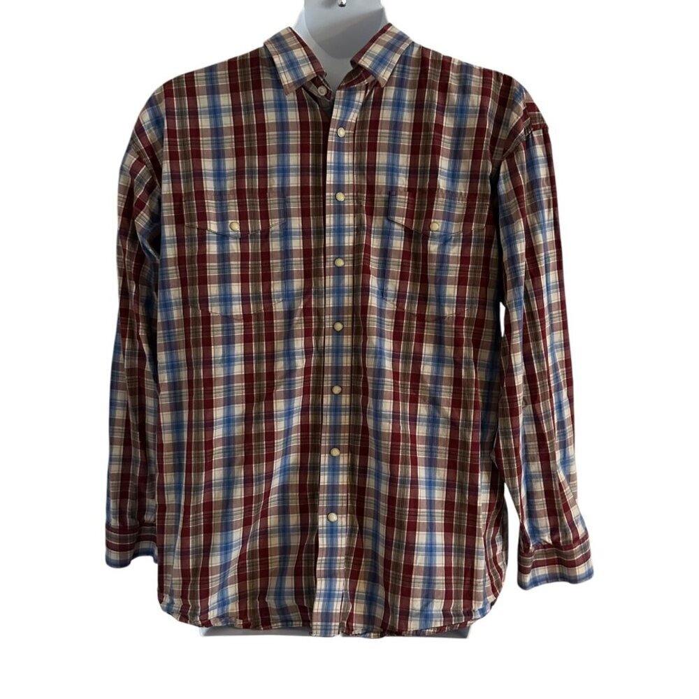 Panhandle Pearl Snap Shirt Mens XL Blue Red Plaid Long Sleeve Western Cowboy